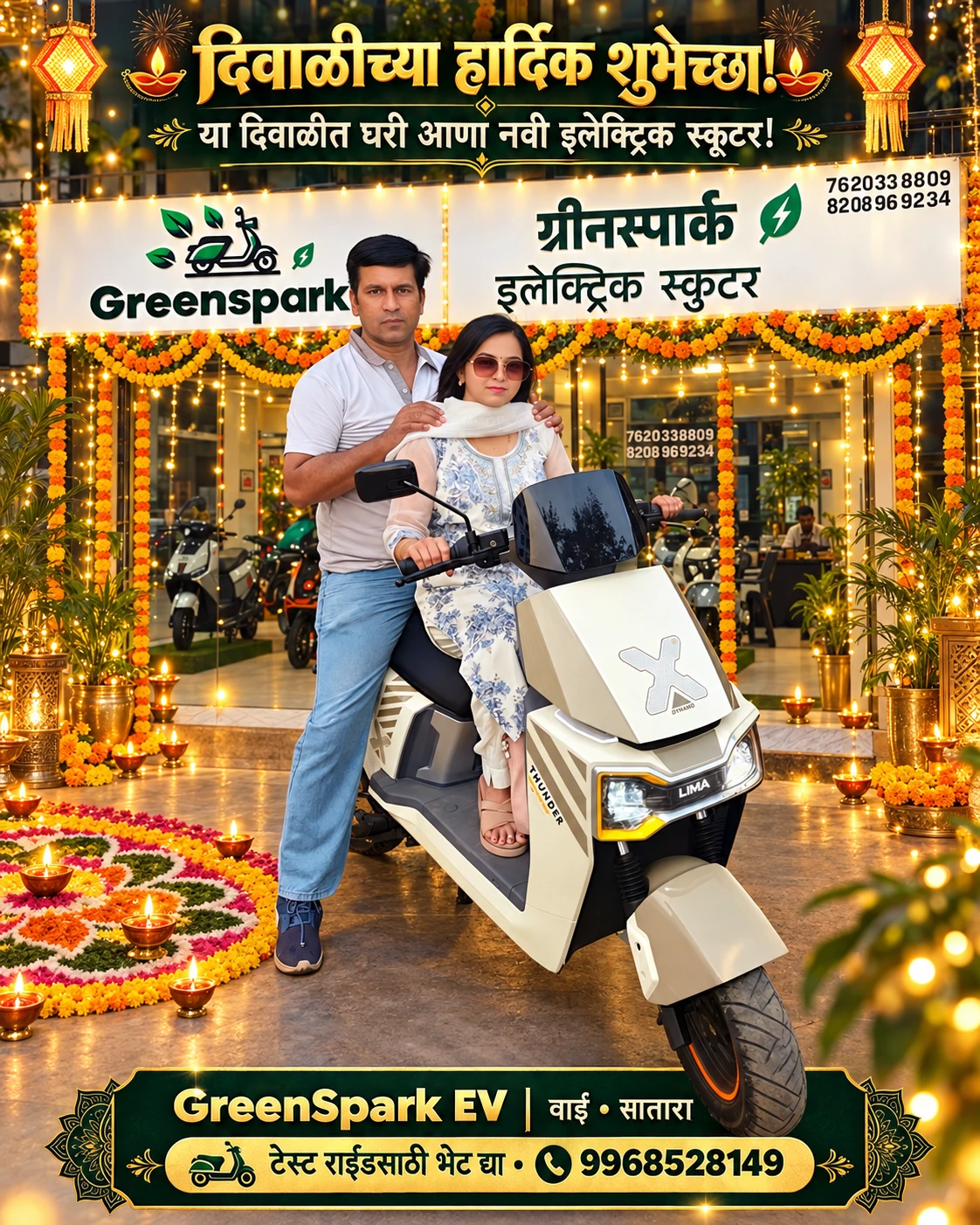 दिवाळीसाठी सजवलेल्या GreenSpark EV शोरूमसमोर इलेक्ट्रिक स्कूटरवर बसलेले जोडपे — दिवाळीच्या हार्दिक शुभेच्छा